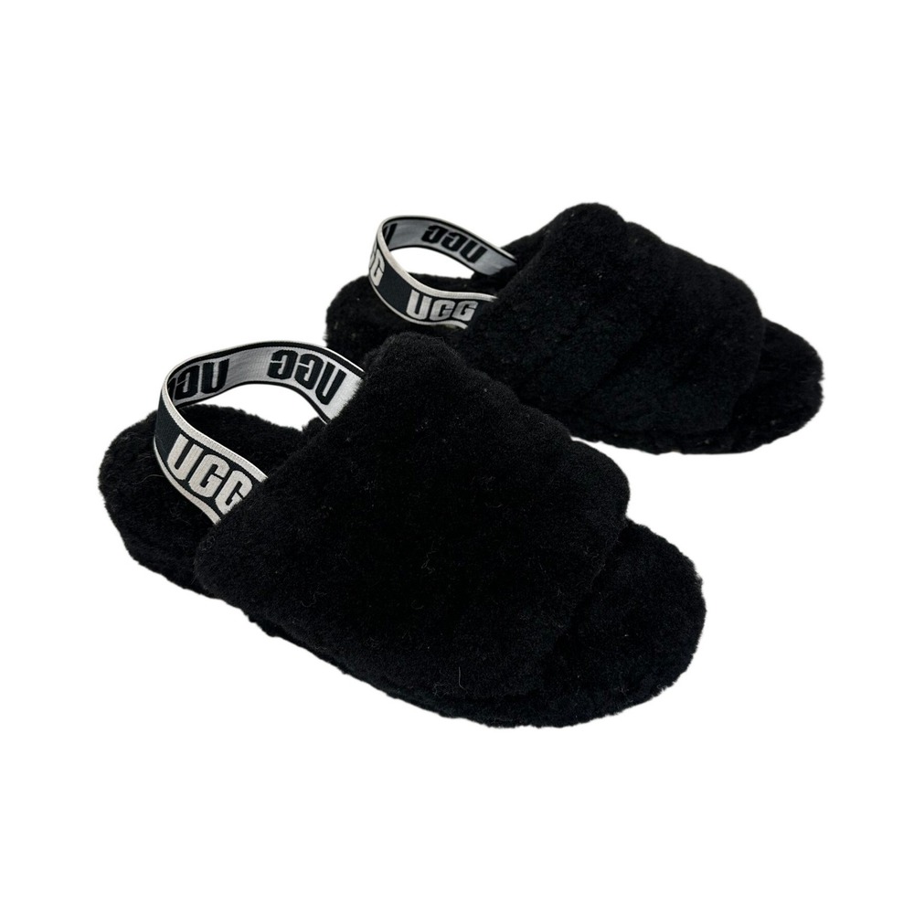 UGG Fluff Yeah Slide Slippers Womens 7 Black Sheepskin Platform Slingback Sandal